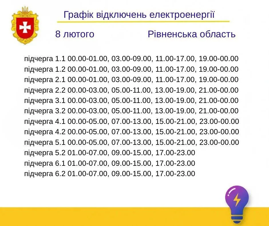 Графік відключення світла в Рівному та громаді сьогодні, 8 лютого