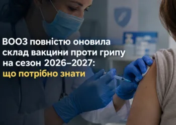 Сгенерируй альбомное изображение врача, который делает прививку пациенту. Часть, картинки затемни, на ней расположи текст " ВООЗ повністю оновила склад вакцини проти грипу на сезон 2026–2027: що потрібно знати