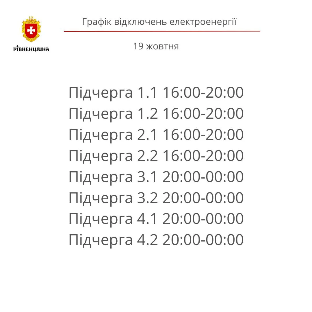 Рівнеобленерго оприлюднило графік фідключень на сьогодні 19 жовтня
